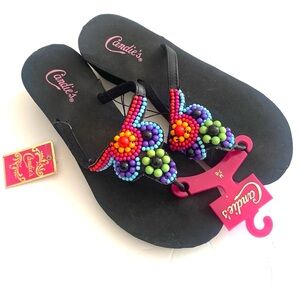 Candies multicolored thong wedge flip flops,‎ Size 7-8, NWT